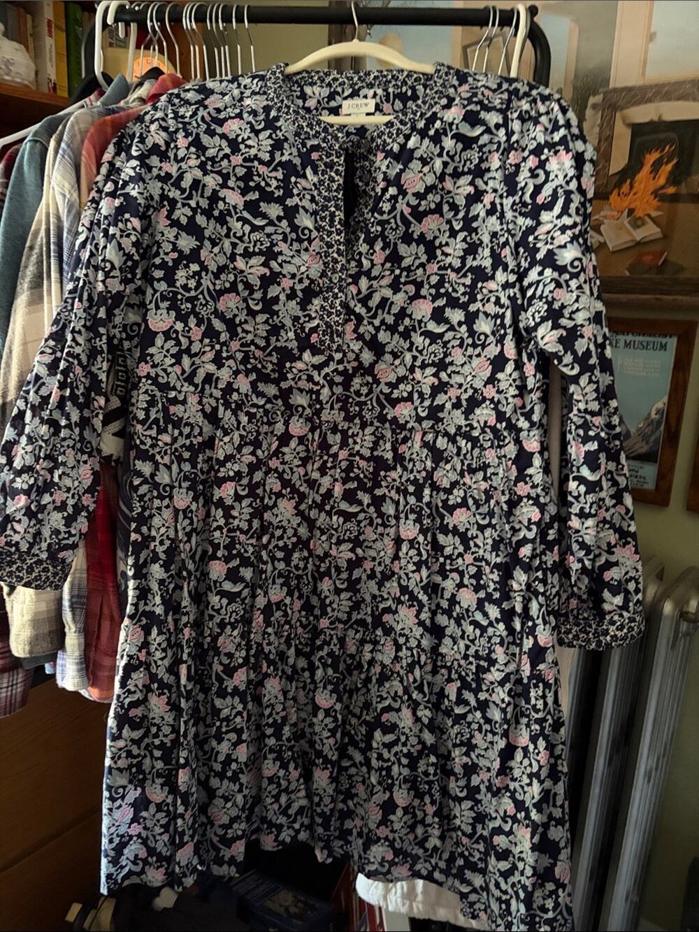J. Crew Factory Navy Floral Mini Dress with Pink and White Flowers